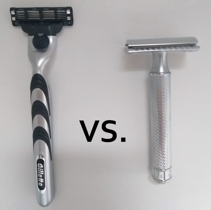 gillette mach 3 and safety razor next to each other