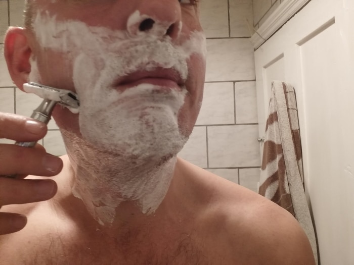 Me shaving with a Edwin Jagger Double Edge Safety Razor