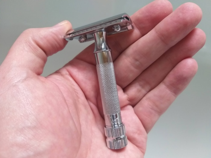 Merkur 34C Safety Razor on a hand to demonstrate the size