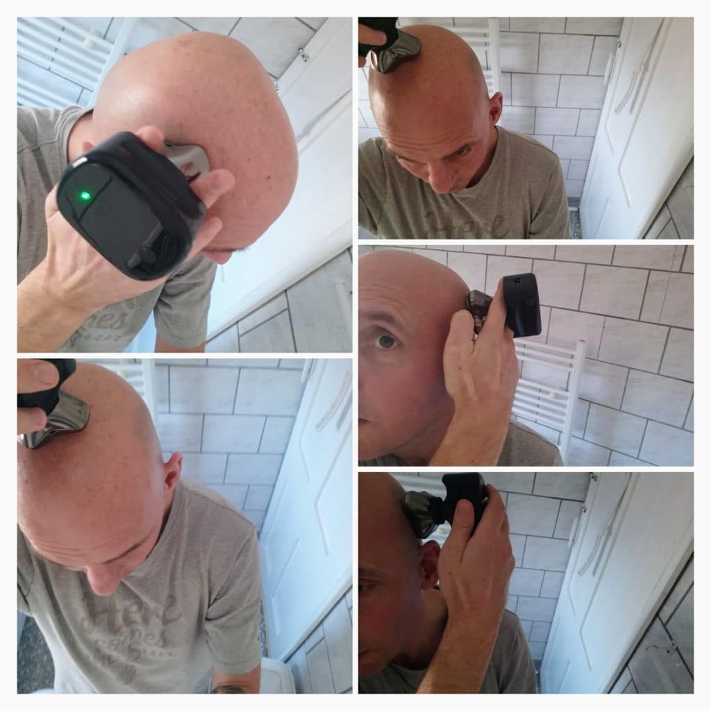 dry shaving with the Skull Shaver Palm head shaver