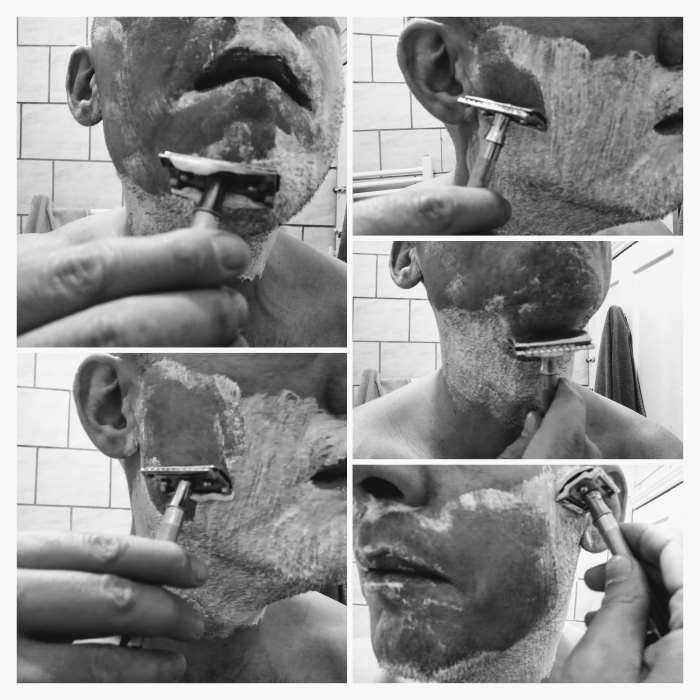 collage of author Jason shaving with the Merkur 23c 180