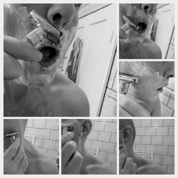 shaving with the Merkur Futur in bathroom