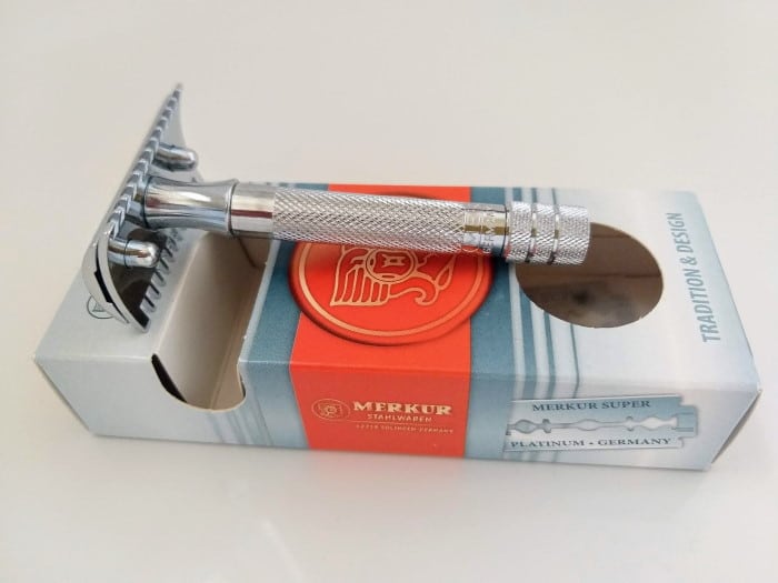 Merkur 15C open comb safety razor on its box