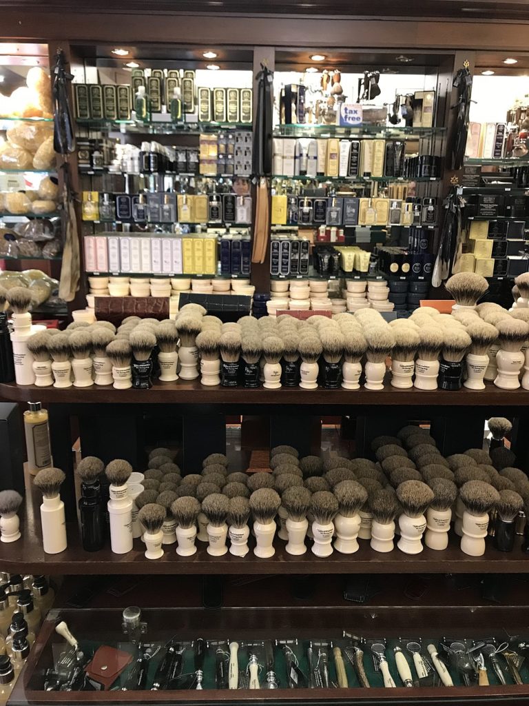 shaving brush collection in London barbers shop