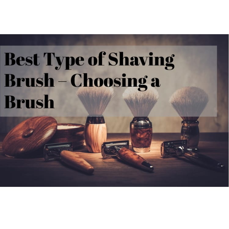 shaving brushes and razors on wood with text