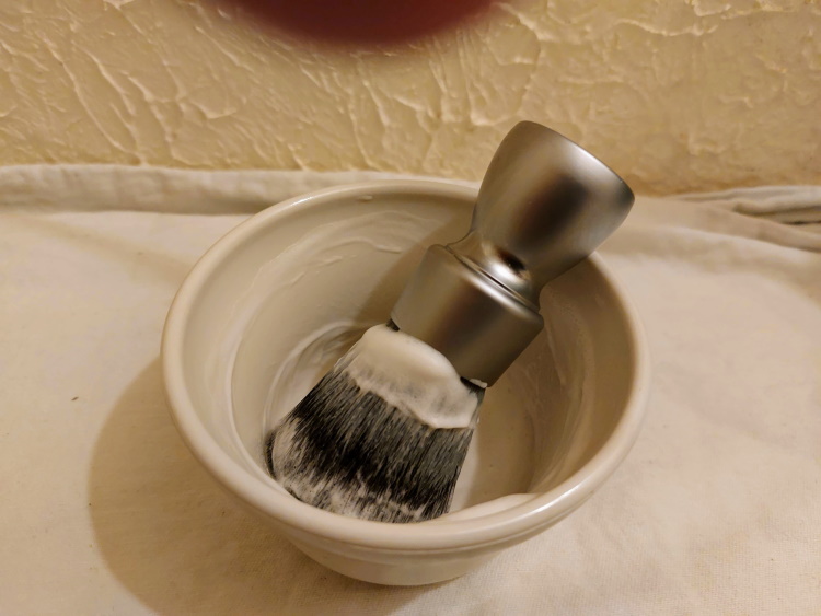 Barrister & Mann Melange Shaving Soap lathered in a bowl
