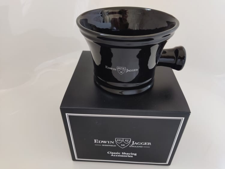 Edwin Jagger Porcelain Black Shaving Bowl with Handle on presentation box