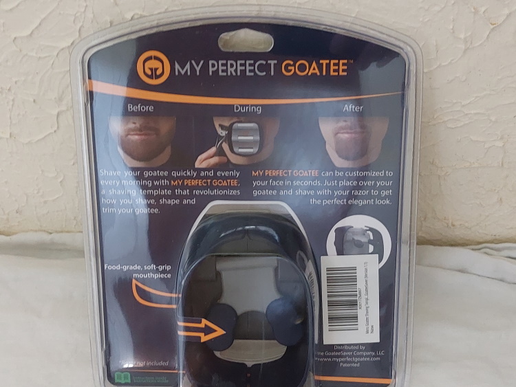 My Perfect Goatee shaping tool in its packet standing up to display