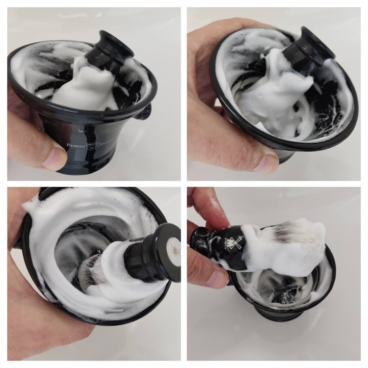 collage of lathering soap in the Edwin Jagger shaving bowl