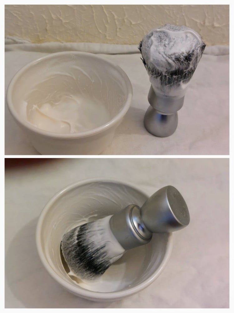 using the Yaqi M150801-S2 Short Heavy Metal Shaving Brush to lather shaving cream in a bowl