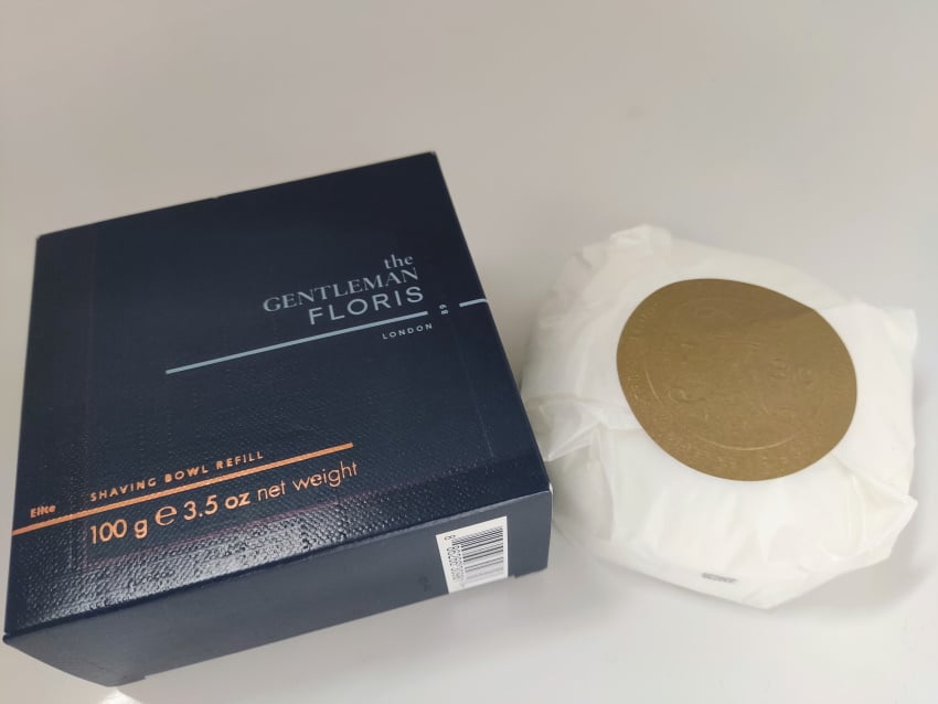 Floris Elite Shaving Soap Refill and box in packaging