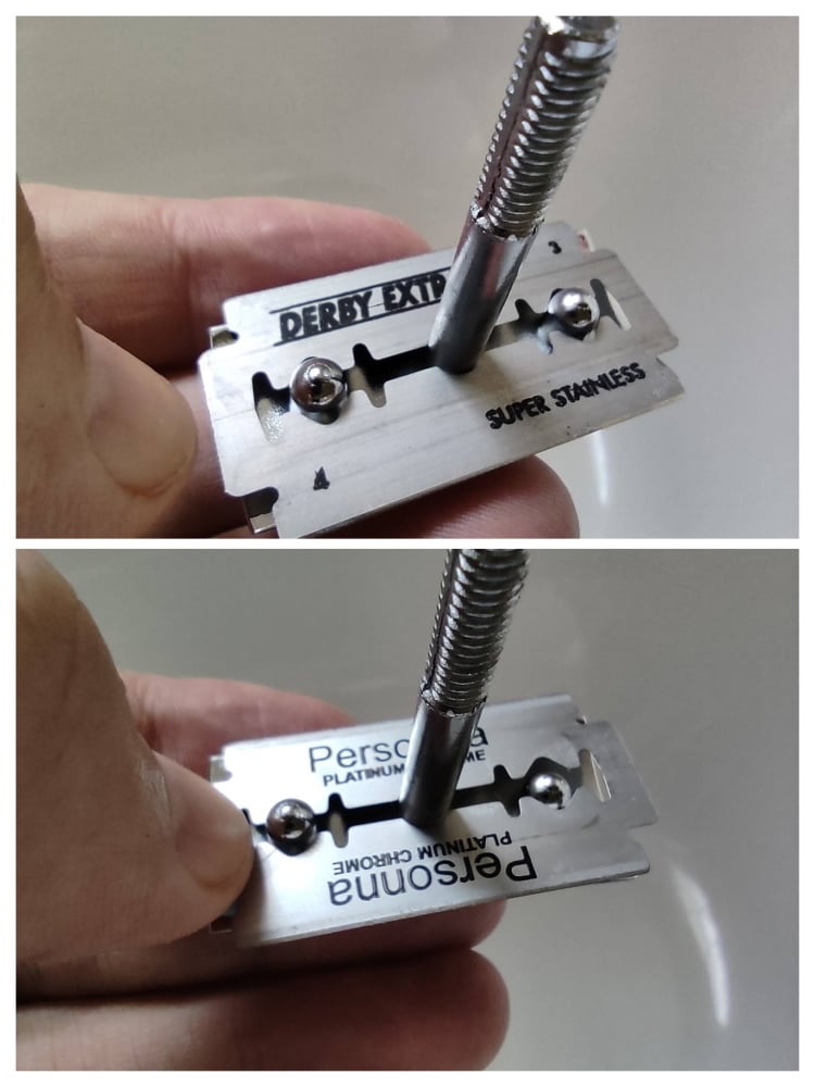 close up of Derby and Personna blades placed in Merkur 37C Razor