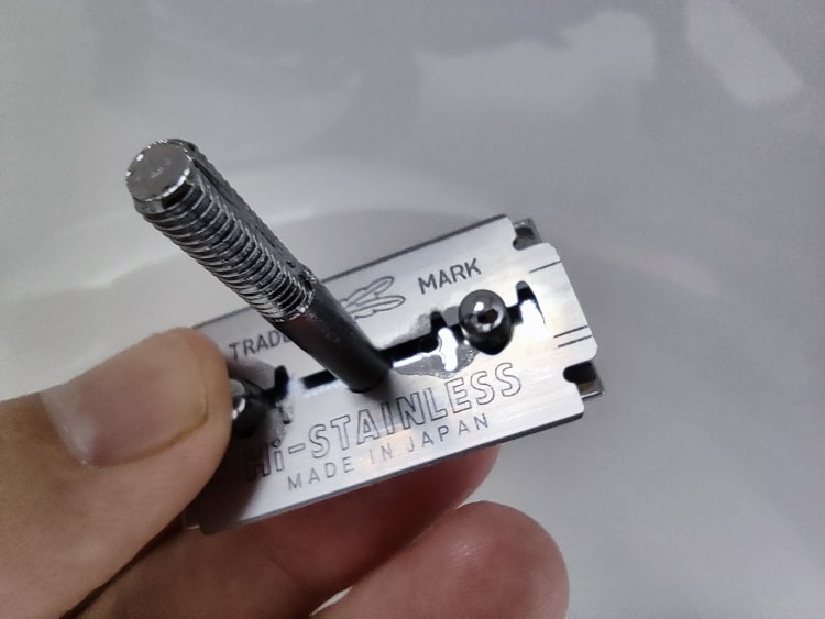 close up of Feather blade in Merkur 38C safety razor