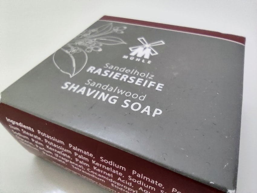 close up of MÜHLE Sandalwood Shaving Soap box