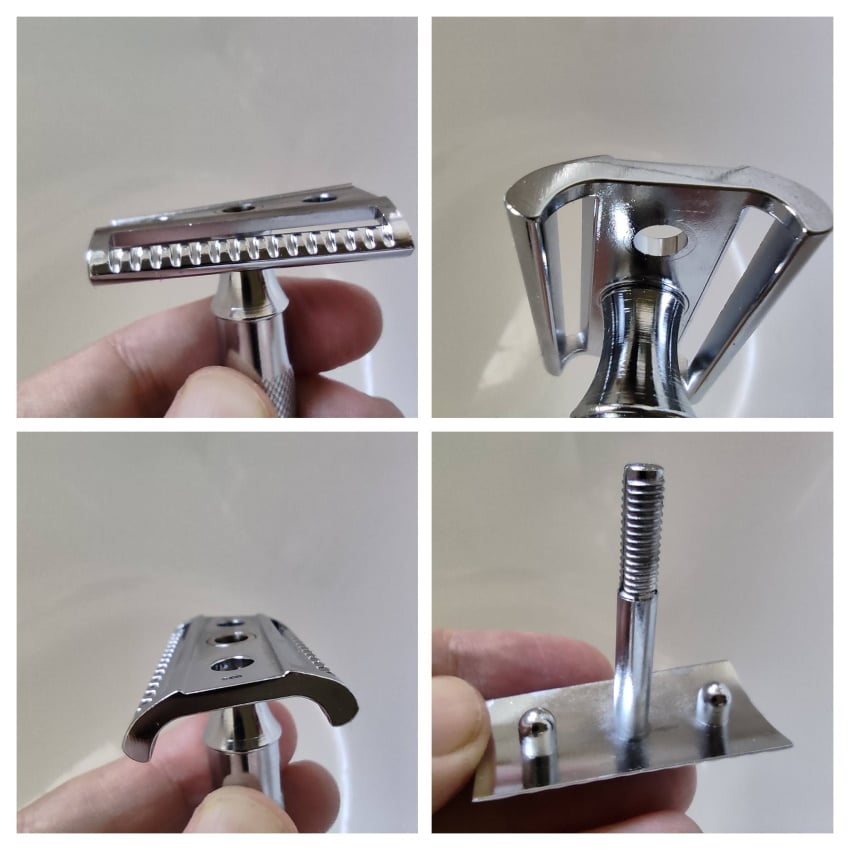 collage of Merkur 37C Slant Safety Razor showing screw post drainage bend in bottom plate and top plate
