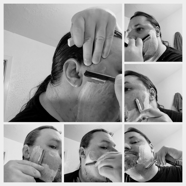 collage of author shaving with the Bluebeards shavette