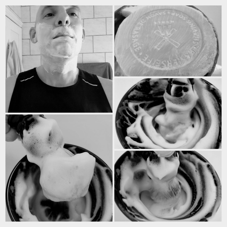 collage of lathering MÜHLE Sandalwood Shaving Soap