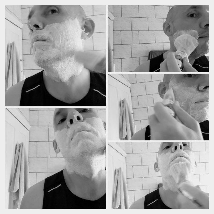 collage of lathering before shaving with an Omega Professional Shaving Brush