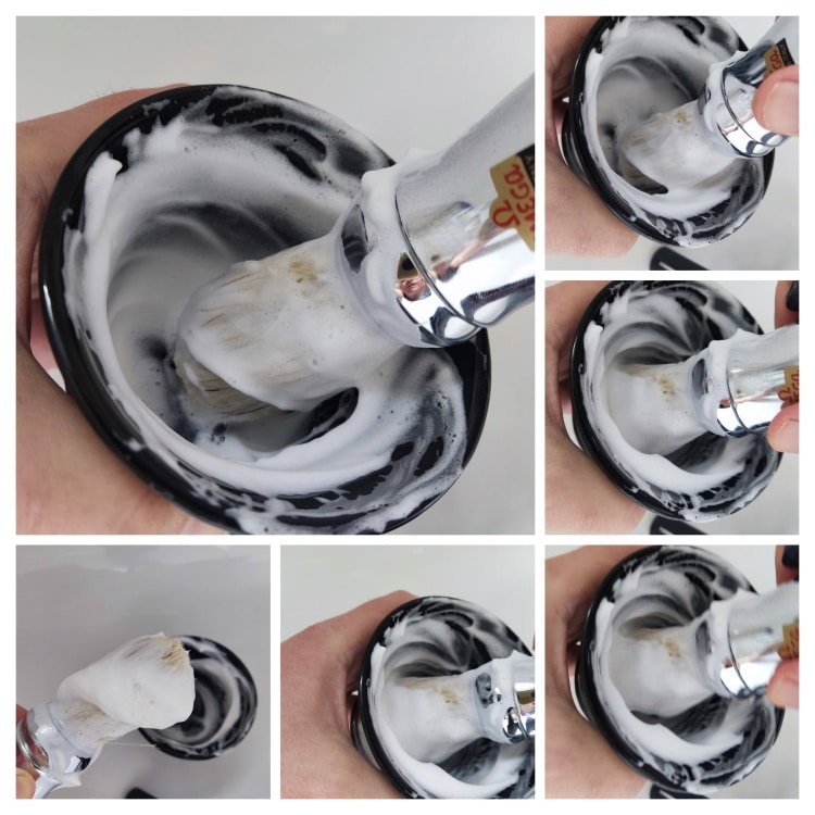 collage of lathering with an Omega 10048 Professional Shaving Brush
