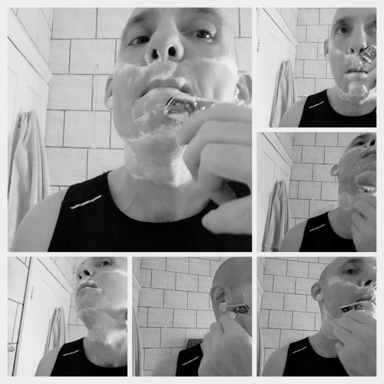 Collage of Author Reviewer shaving with the Merkur 37C
