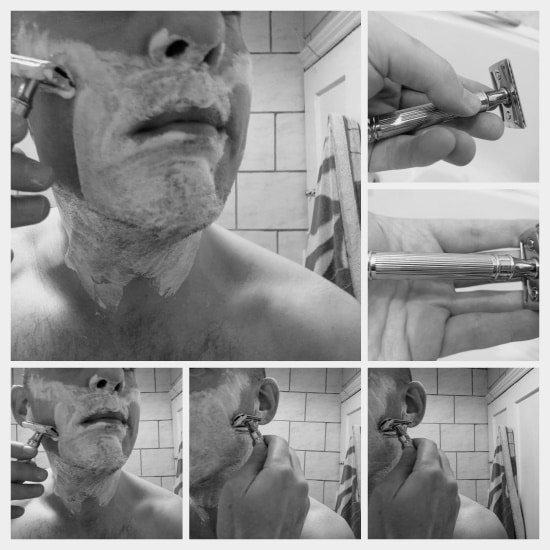 collage of shaving with the Edwin Jagger DE89 safety razor suitable for beginners 