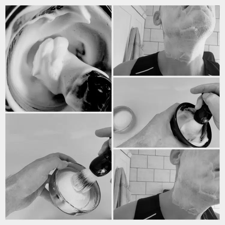 lathering and applying Floris Elite Shaving Soap