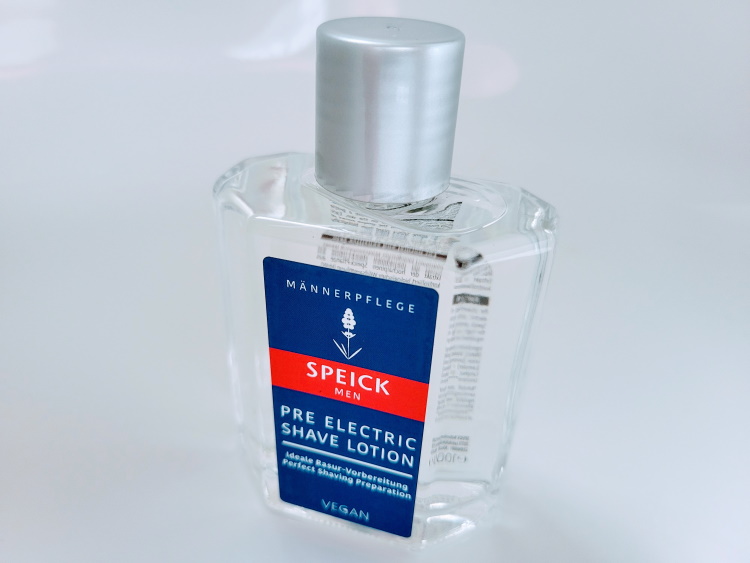 Speick Pre Electric Shave Lotion bottle in bathroom