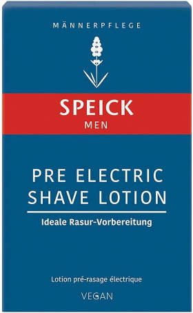 Speick Pre Electric Shave Lotion box on white background
