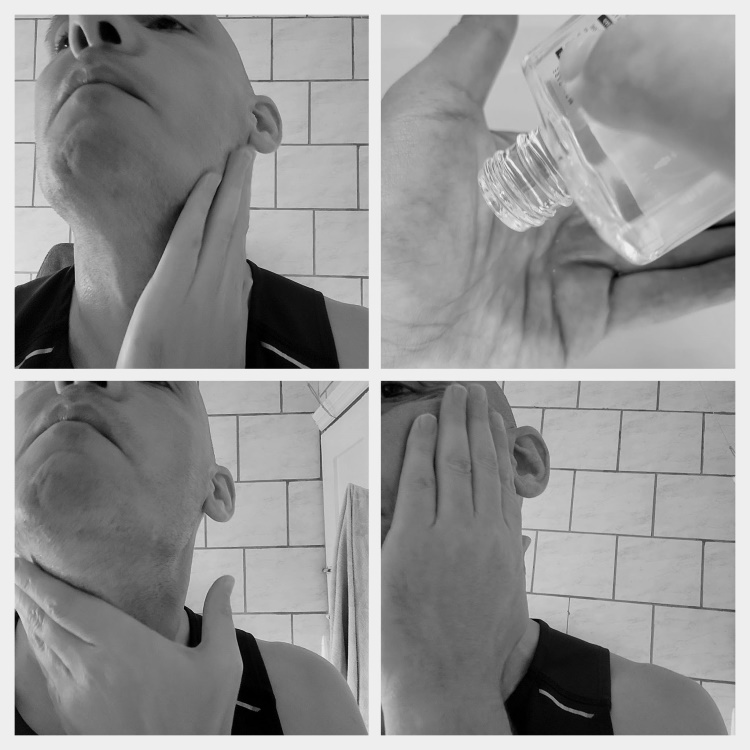 collage of applying Speick Pre Electric Shave Lotion on the face