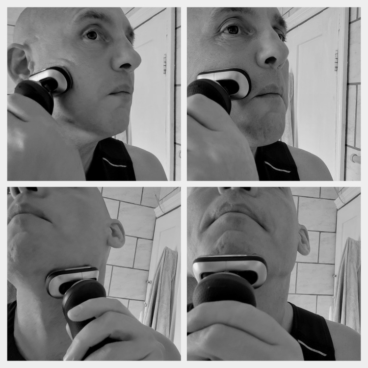 collage of shaving with Speick Pre Electric Shave Lotion with an electric shaver