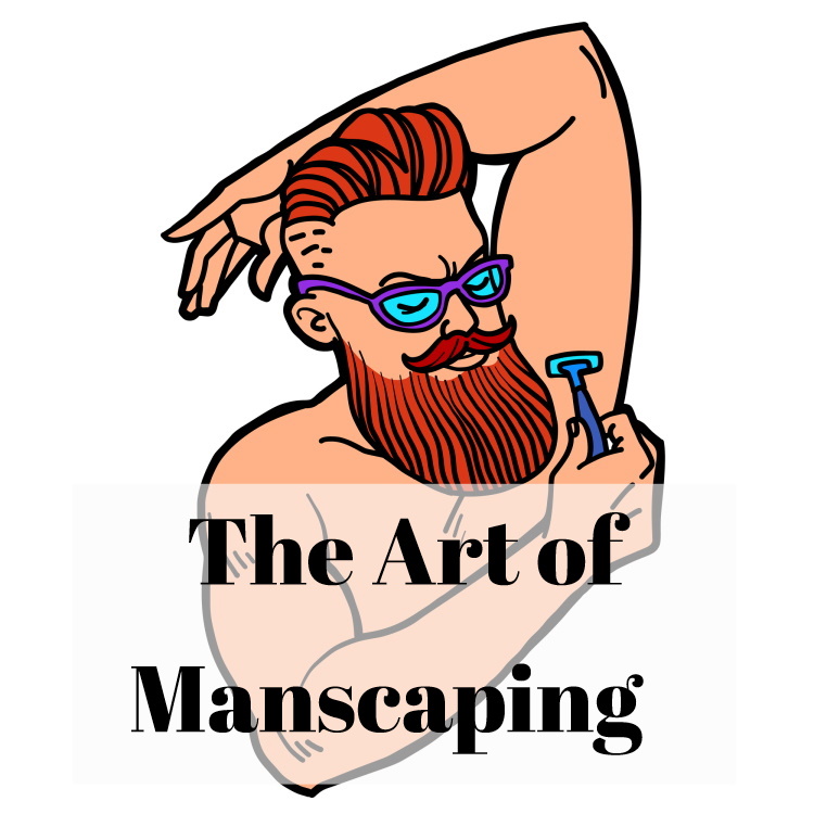 bearded man shaving armpits with razor with text overlay