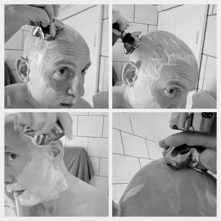 collage of head shaving with the Skull Shaver Pitbull Platinum with shaving cream