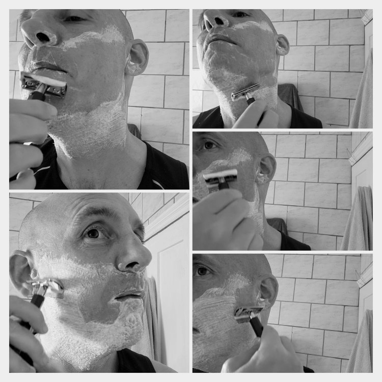 collage of shaving with the Muhle Hexagon Forest razor