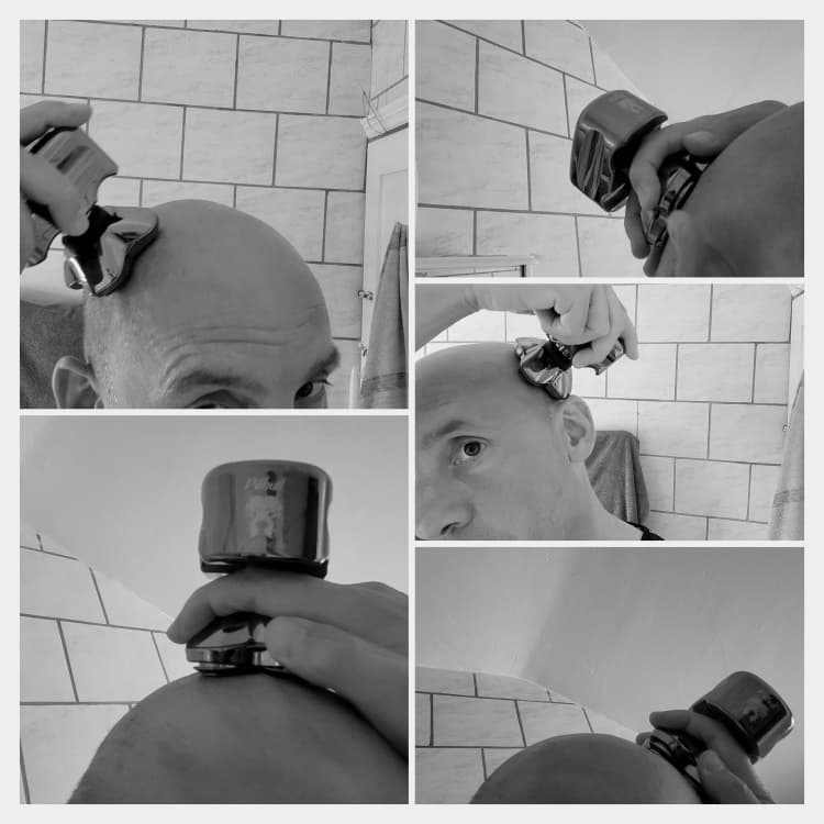 collage of shaving with the Skull Shaver Pitbull Platinum in bathroom