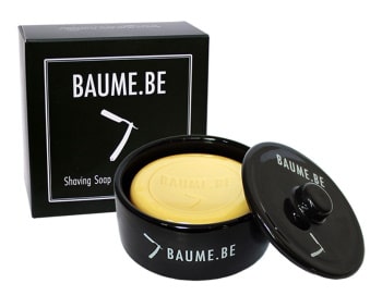 Baume.Be shaving soap in ceramic bowl on white background