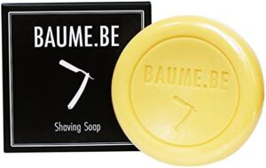 Baume.Be shaving soap puck on white background