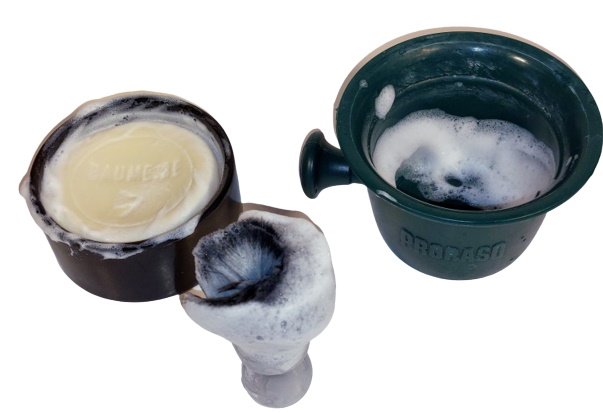 Baume.Be shaving soap with shaving bowl and brush and lather