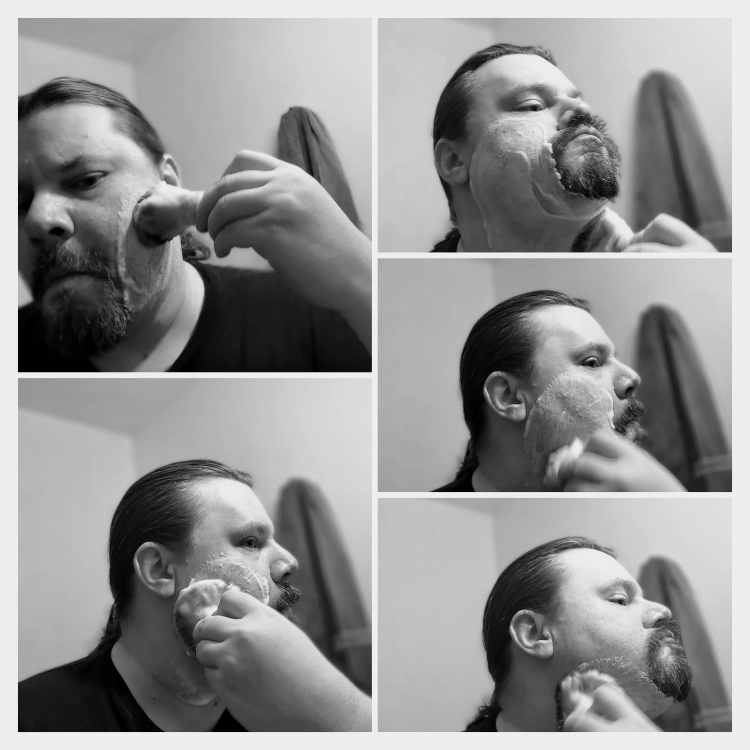 collage of robert lathering on face with Baume.Be shaving soap