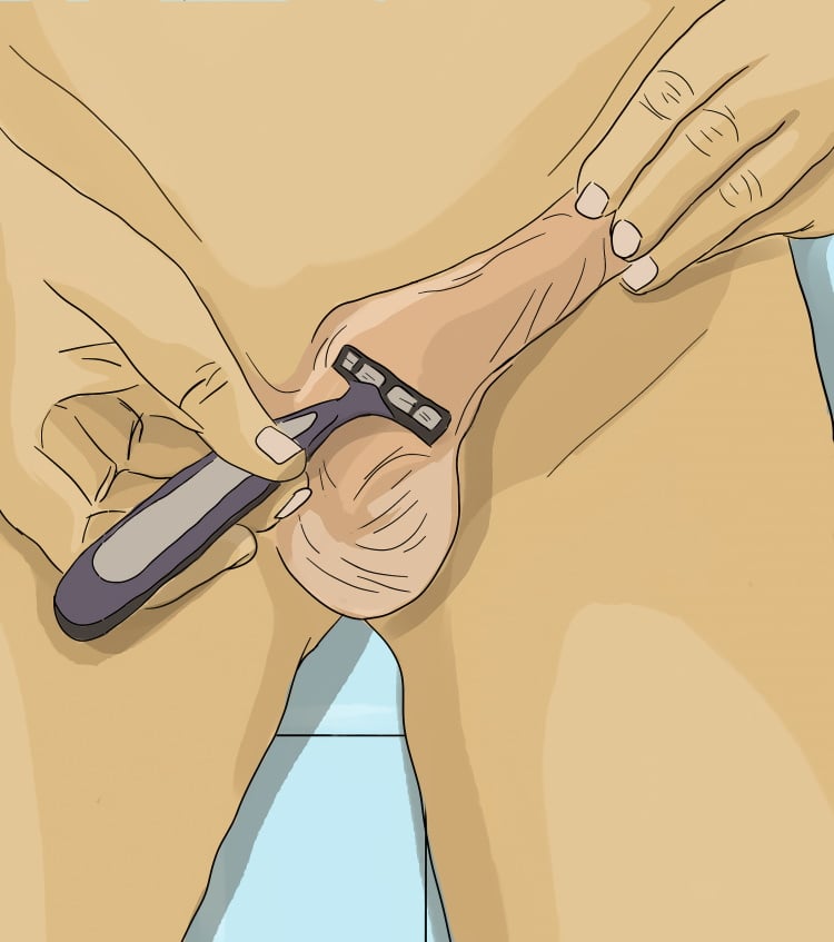 illustration of man shaving bottom of penis with razor