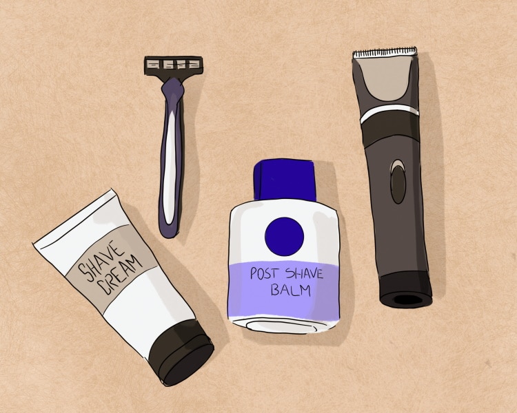 items needed for shaving balls including shave cream, trimmer, razor and after shave balm