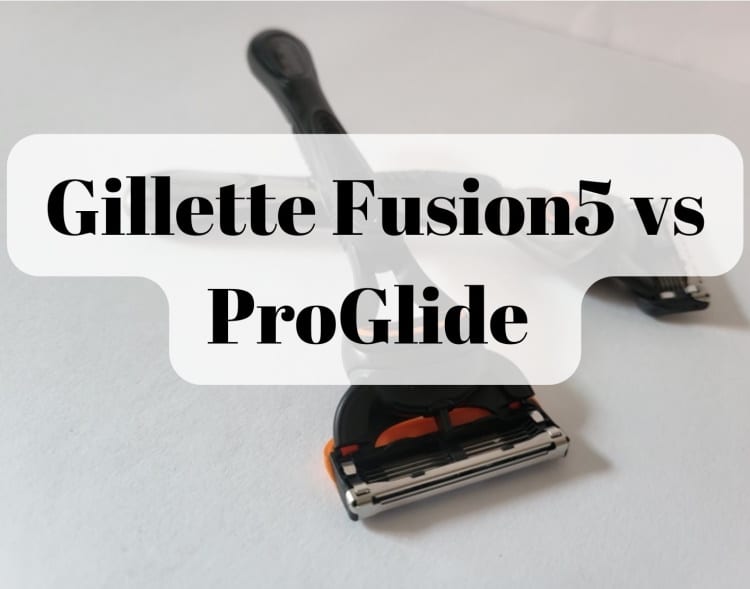 Gillette Fusion5 razor and Proglide crossed over each other with text background