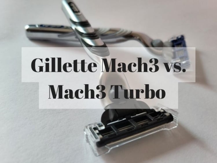Gillette Mach3 and Mach3 Turbo close up across each other and text overlay