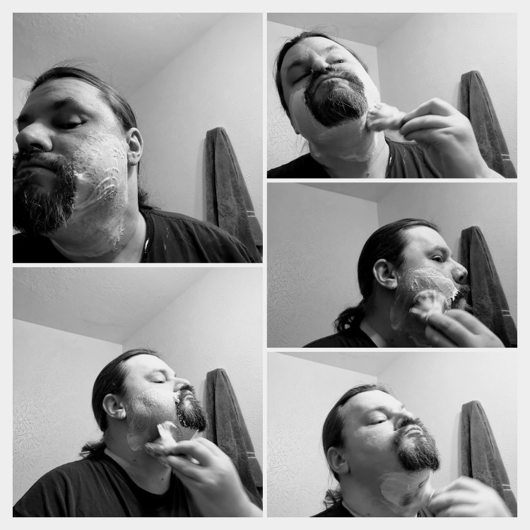 collage of Author Robert lathering his face with WSP Rustic shaving soap