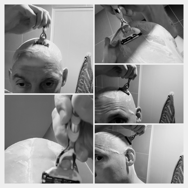 collage of author Jason head shaving with a Gillette Mach3 Turbo in front of a mirror
