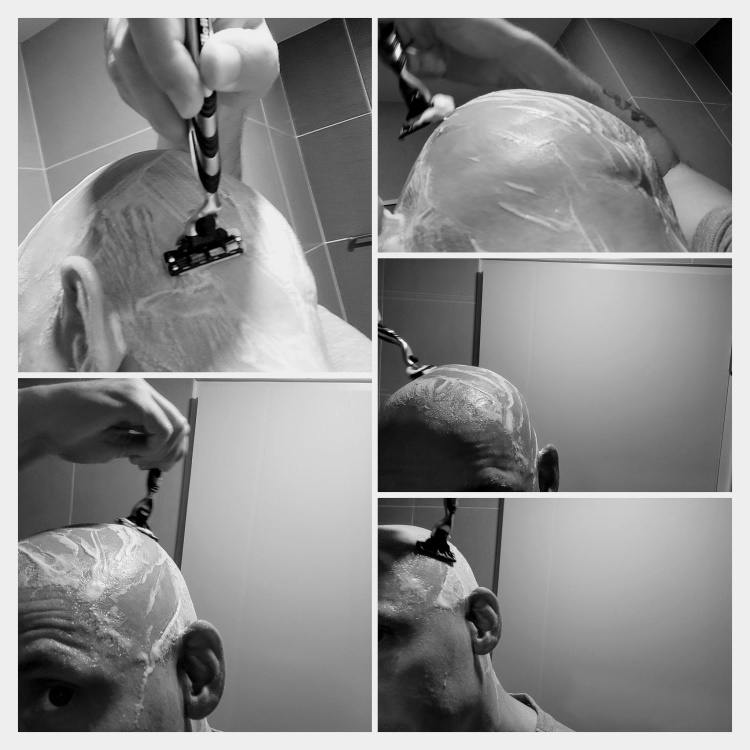 collage of author Jason shaving his head with a Gillette Mach3 blade razor