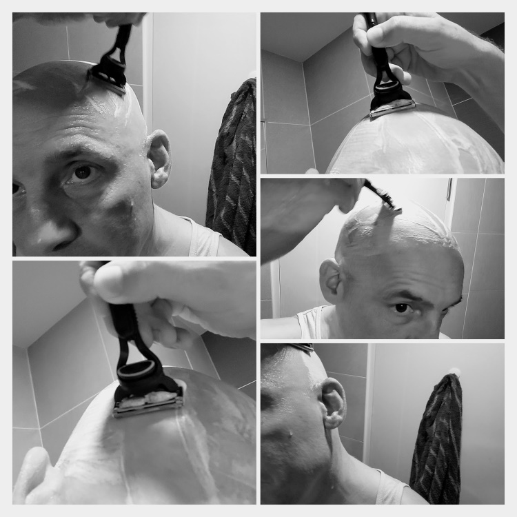 collage of author Jason shaving his head with the Gillette Fusion5 razor