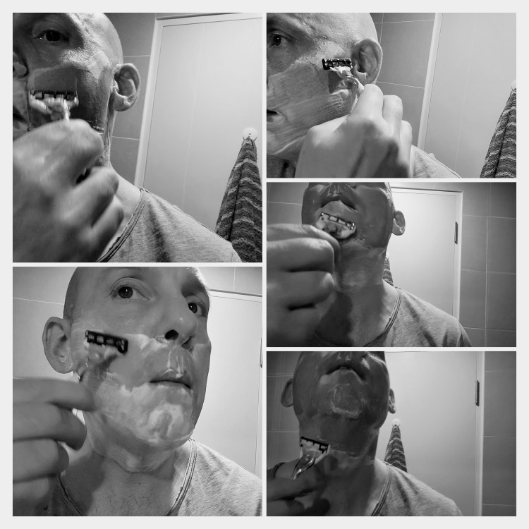 collage of author Jason shaving with a Gillette Mach3 Turbo razor