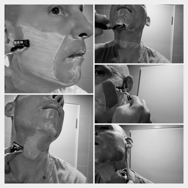 collage of author Jason shaving with a Gillette Mach3 blade razor