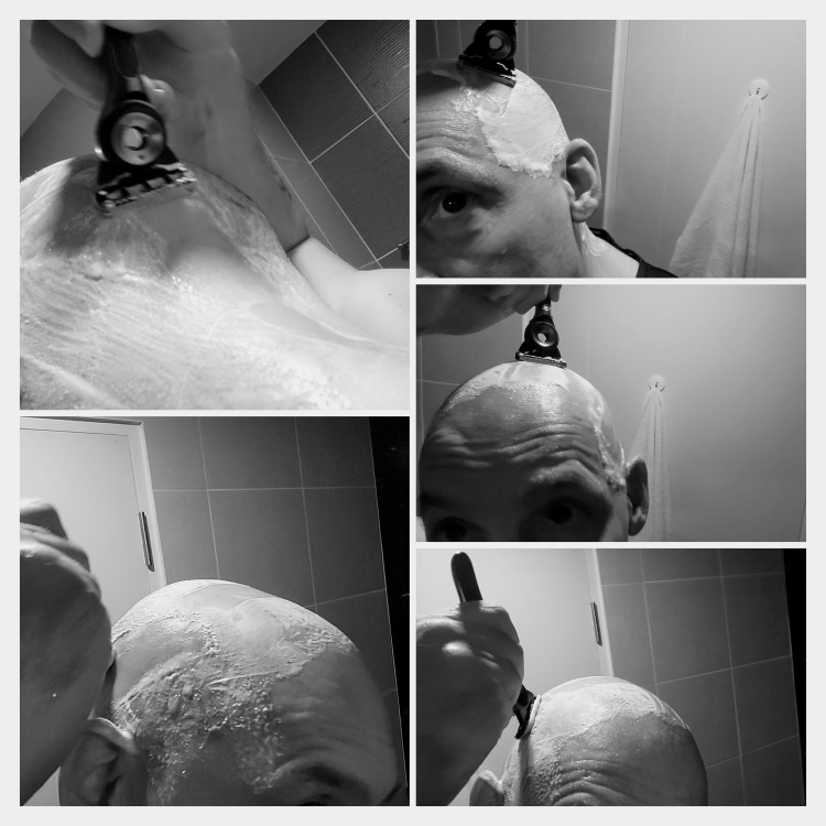 collage of author Jason head shaving with GilletteLabs Exfoliator