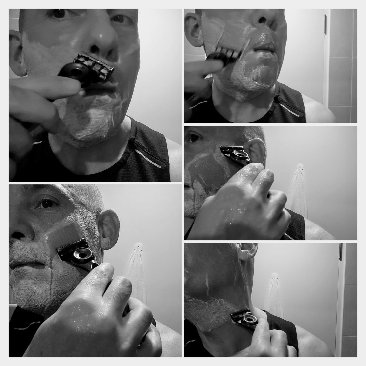collage of author Jason shaving with GilletteLabs Exfoliator Bar razor